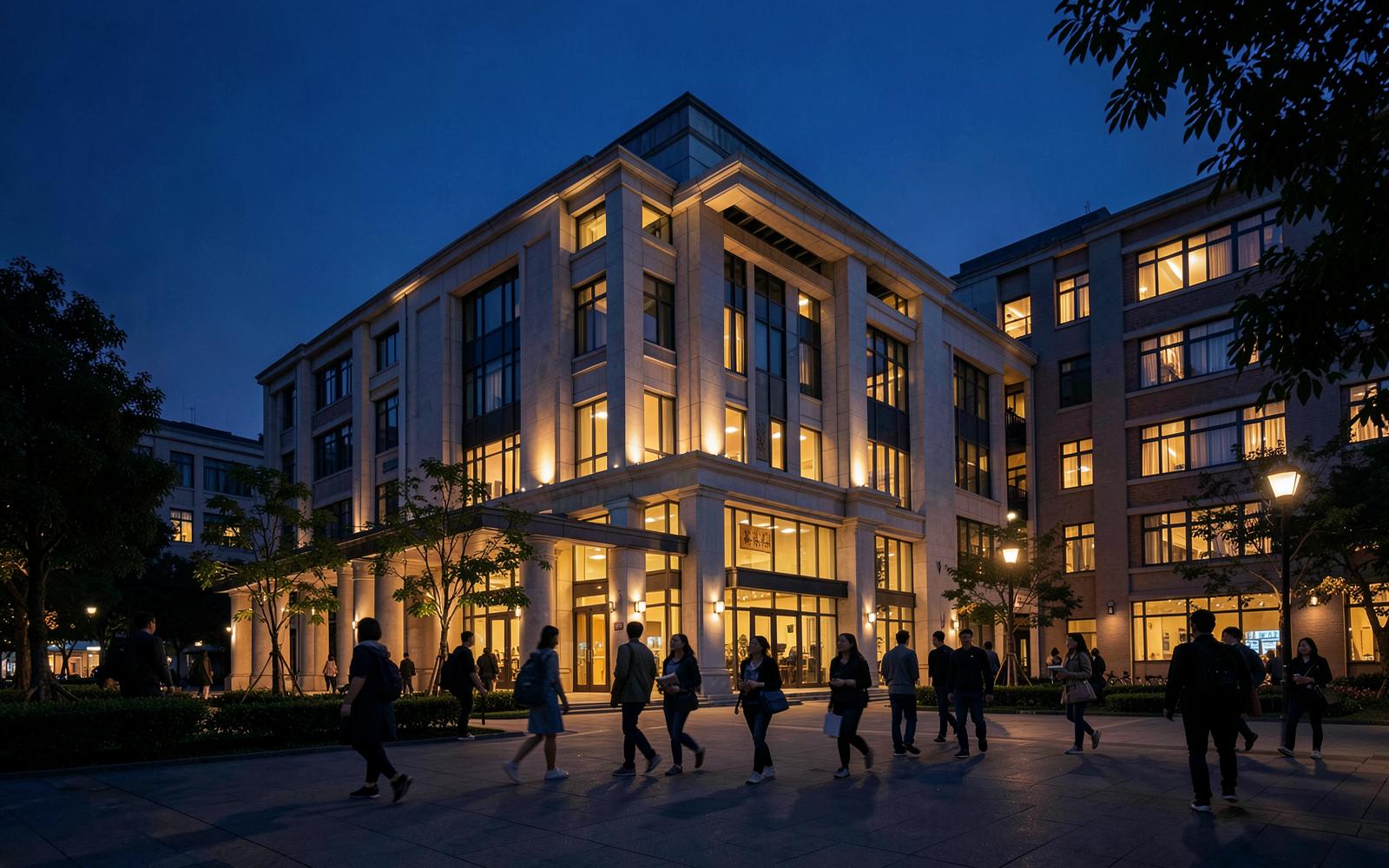 大学校园夜景,灯火通明的教学楼